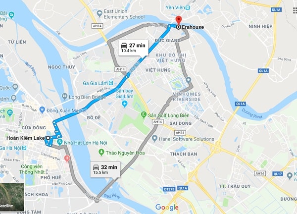Hướng dẫn đường đi từ trung tâm Hà Nội đến nông trại giáo dục Erahouse, Long Biên: Bản đồ đường đi từ trung tâm Hà Nội đến nông trại giáo dục Erahouse