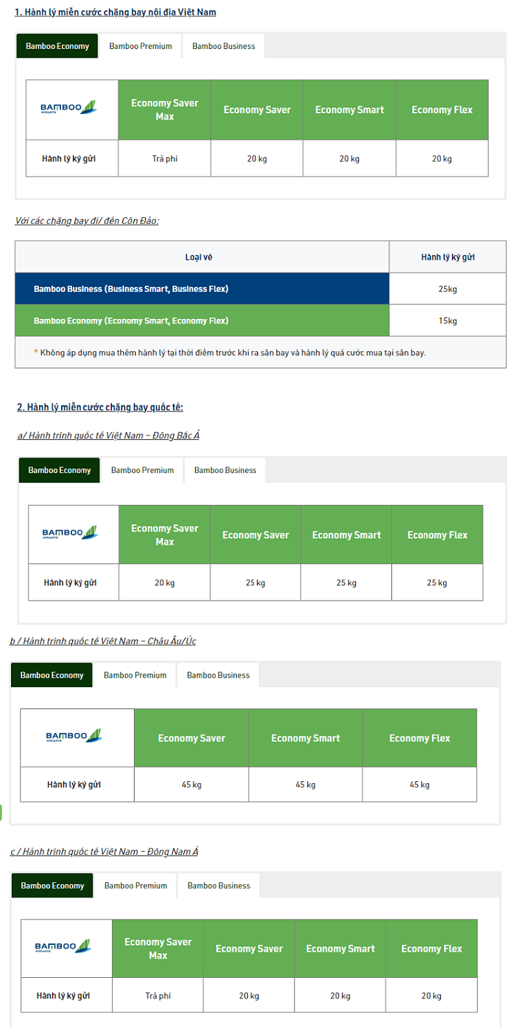 Quy định về hành lý ký gửi đối với các hãng hàng không. Bamboo Airways